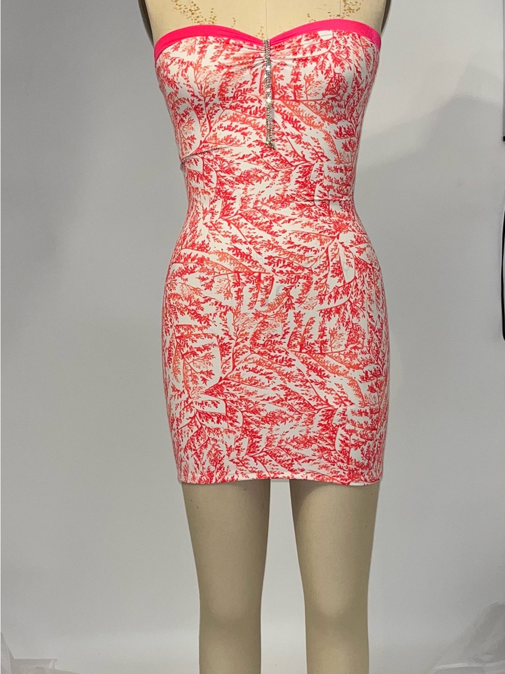 Strapless White and Hot Pink Printed Bodycon Dress